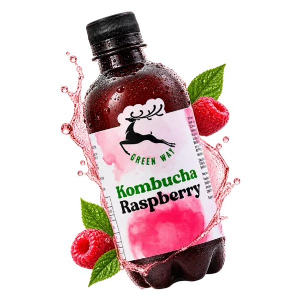 Raspberry kombucha 500 ml with the ingredients shown around the bottle.
