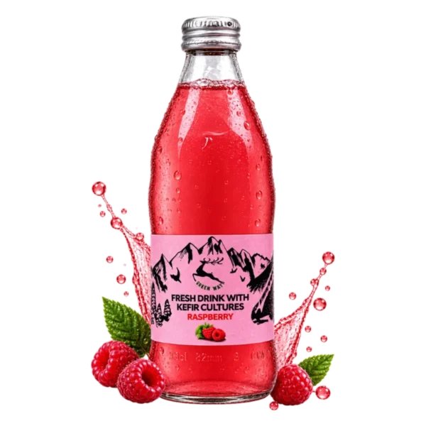 Raspberry fruit kefir 330 ml with the ingredients shown around the bottle.